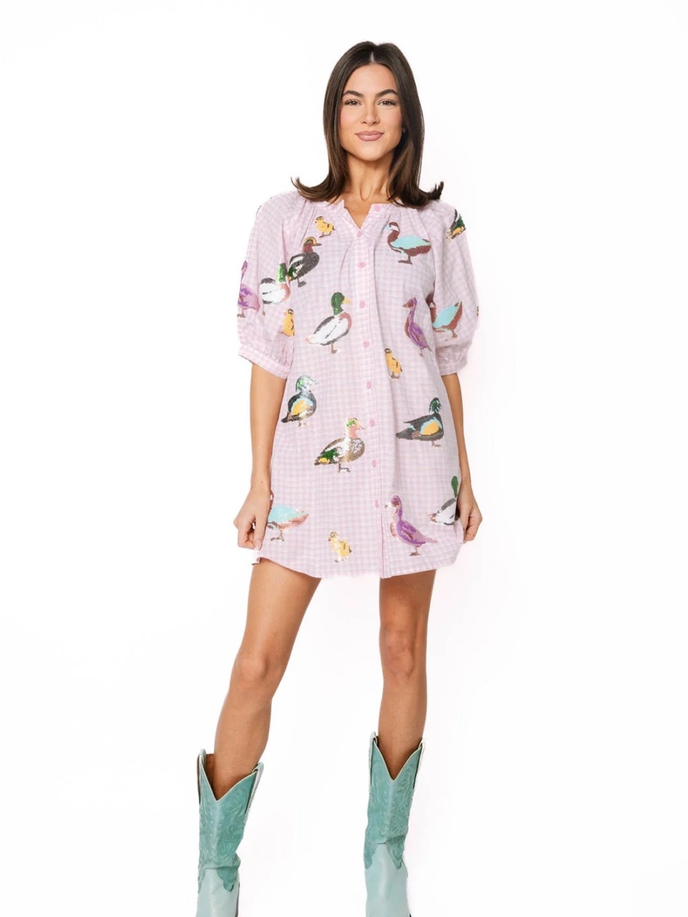 QUEEN OF SPARKLES Pink Duck Print Mini Dress